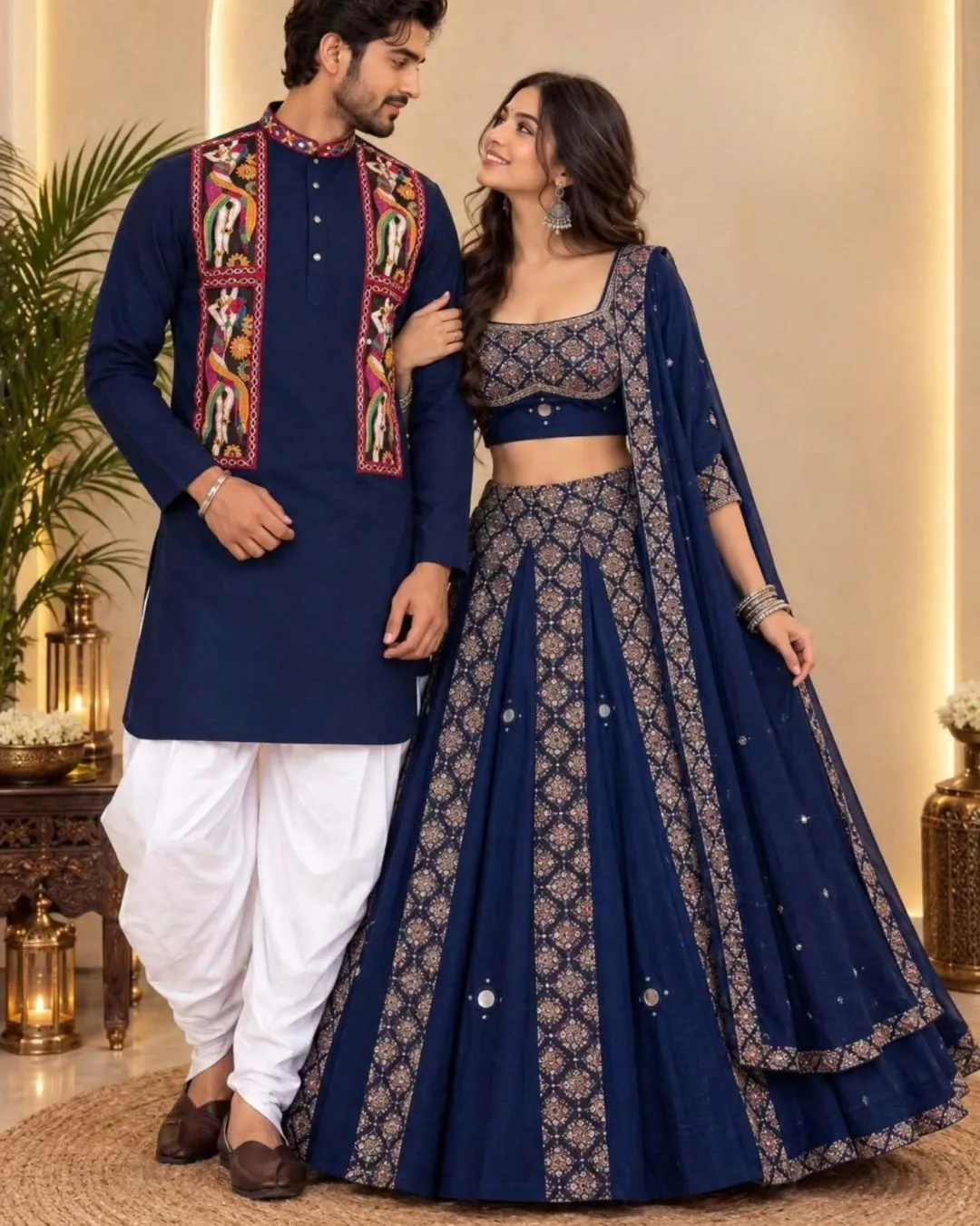 Magenta Brocade Jacket Kurta & Off-White Floral Panel Lehanga Couple Set - Image 5