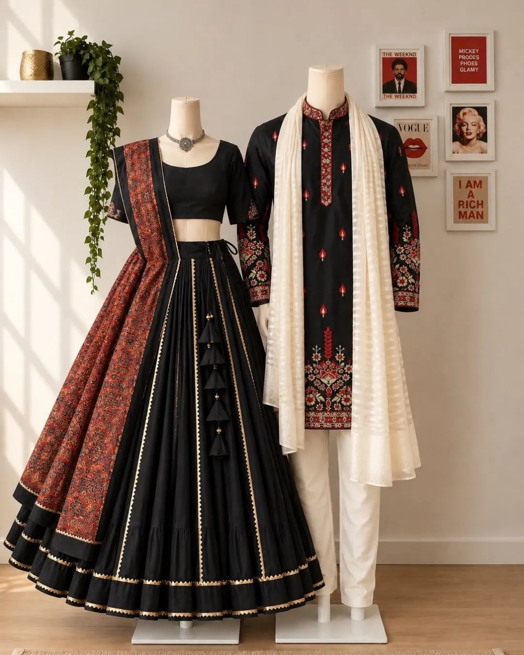 Jet Black & Crimson Embroidered Kurta-Pyjama and Lehanga Festive Couple Set