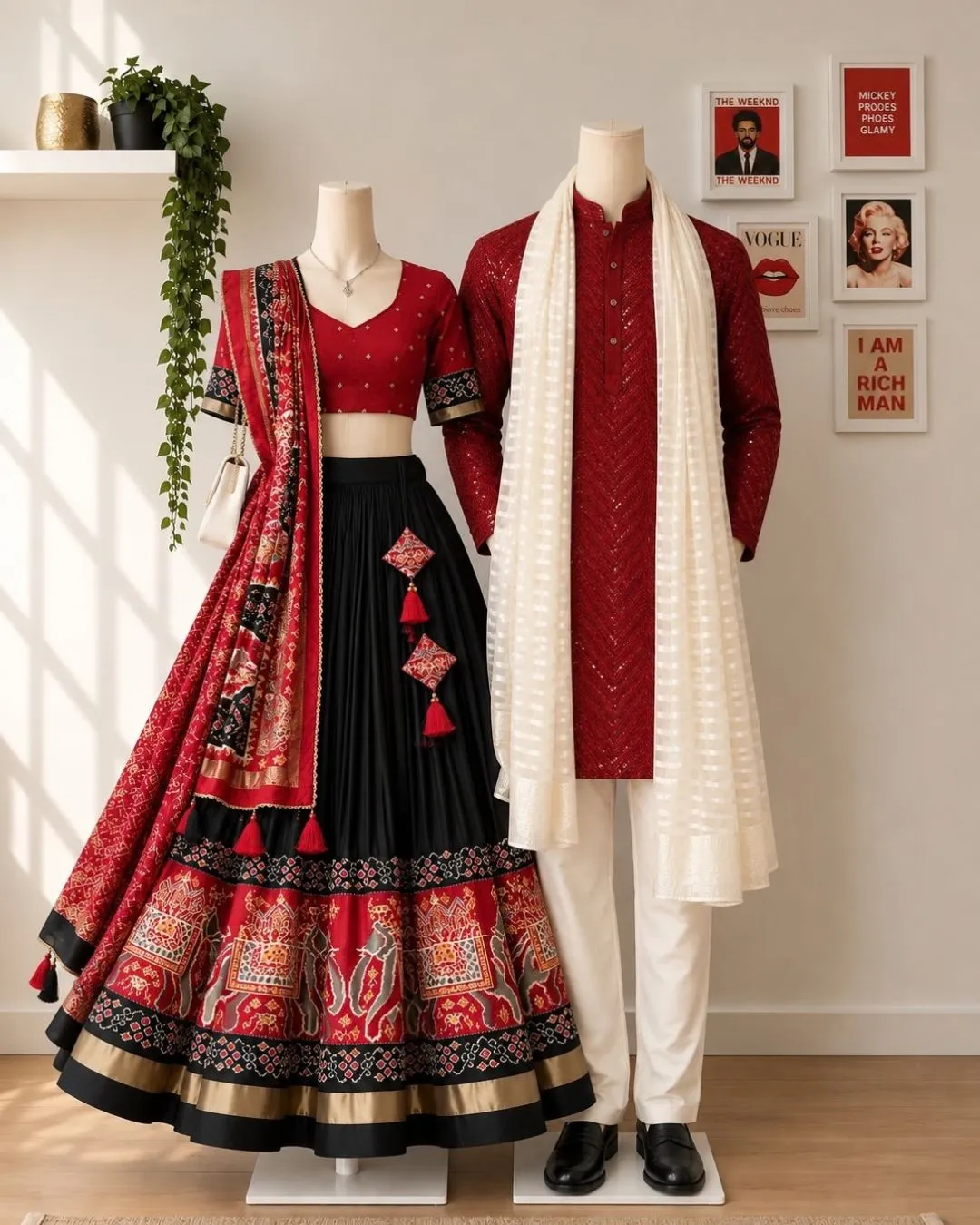 Jet Black & Crimson Embroidered Kurta-Pyjama and Lehanga Festive Couple Set - Image 2