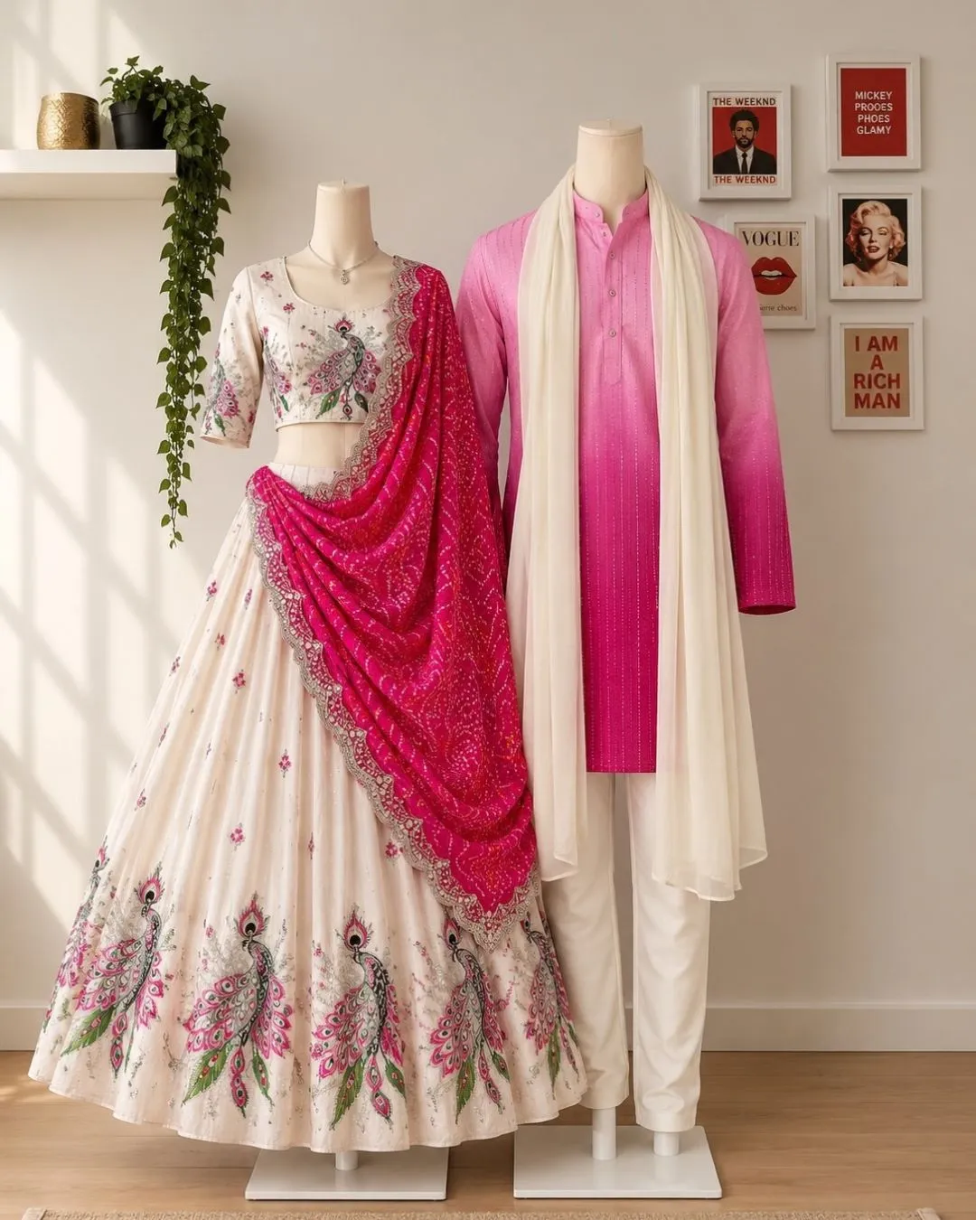 Jet Black & Crimson Embroidered Kurta-Pyjama and Lehanga Festive Couple Set - Image 4