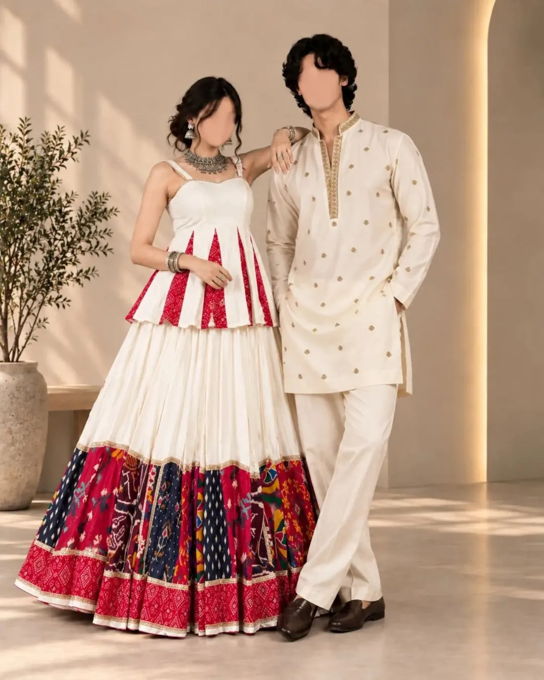 Cream & Multicolor Bandhani-Panel Festive Kurta and Lehanga Couple Set