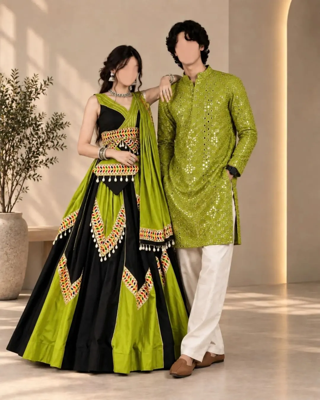 Cream & Multicolor Bandhani-Panel Festive Kurta and Lehanga Couple Set - Image 3