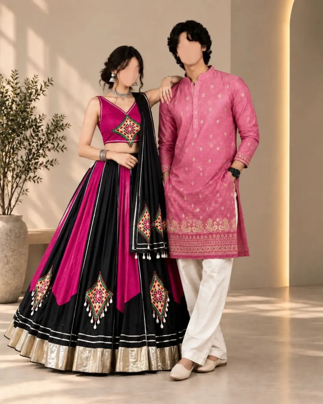 Cream & Multicolor Bandhani-Panel Festive Kurta and Lehanga Couple Set - Image 2