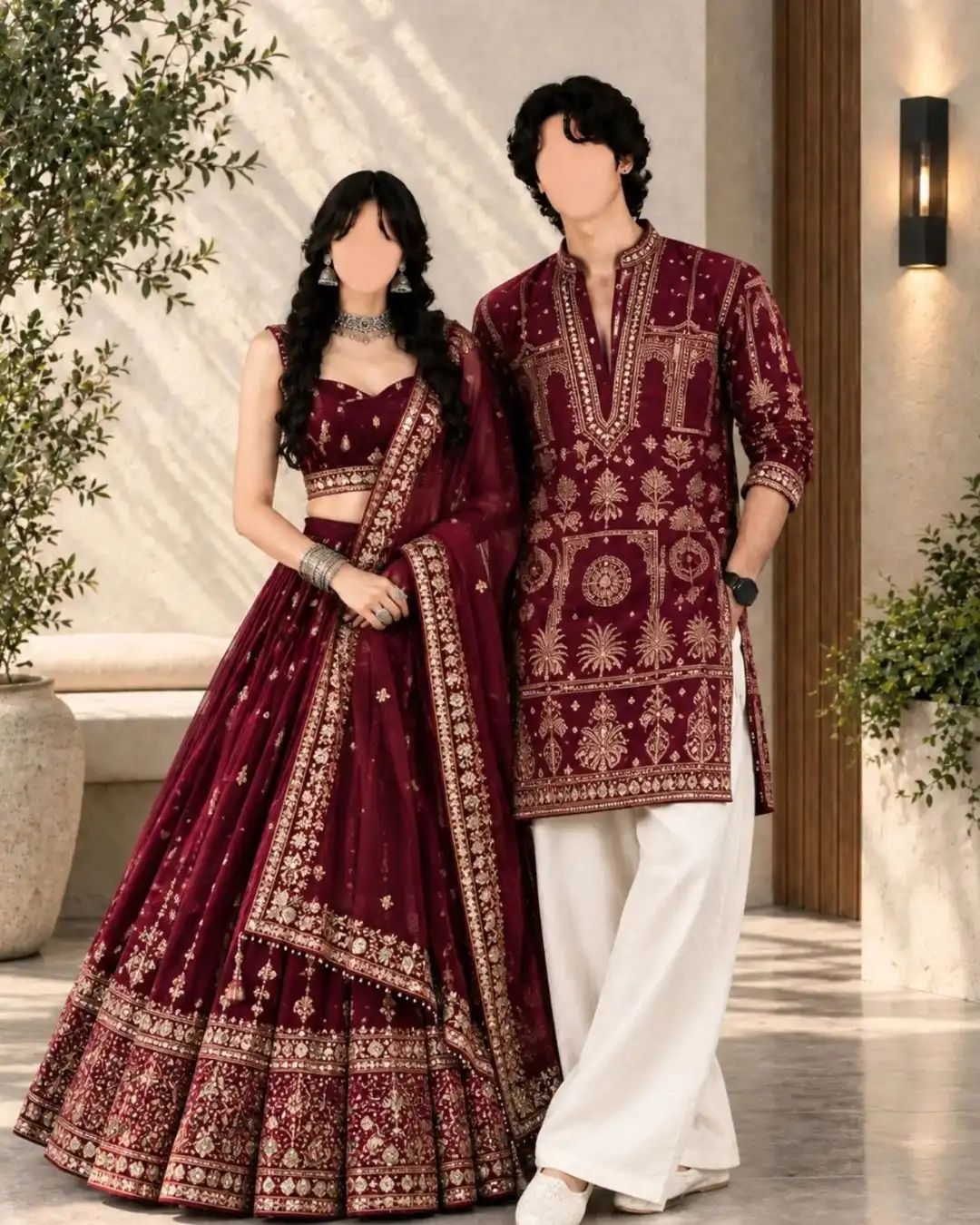 Emerald Green & White Embroidered Kurta and Lehra-Style Peplum Couple Set - Image 4