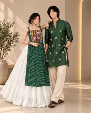 Emerald Green & White Embroidered Kurta and Lehra-Style Peplum Couple Set