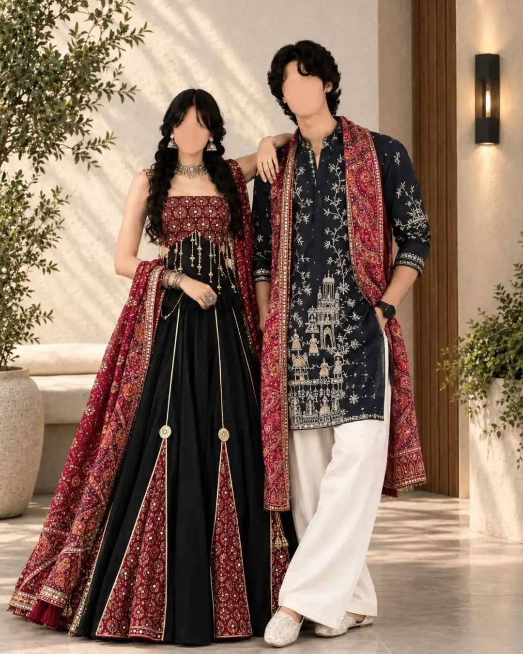 Emerald Green & White Embroidered Kurta and Lehra-Style Peplum Couple Set - Image 2