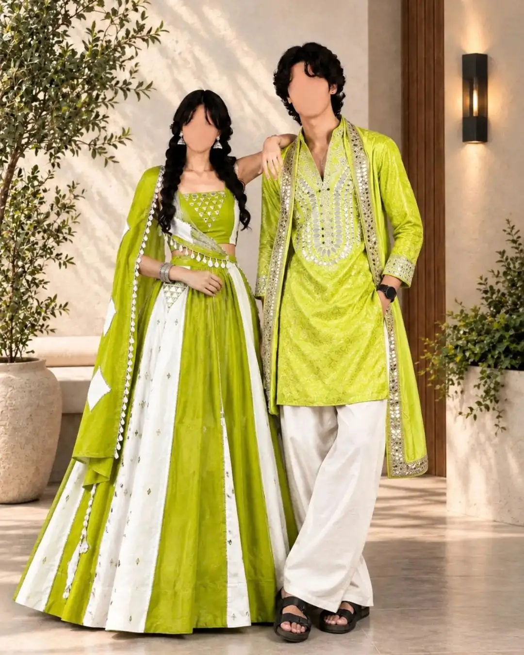 Emerald Green & White Embroidered Kurta and Lehra-Style Peplum Couple Set - Image 3