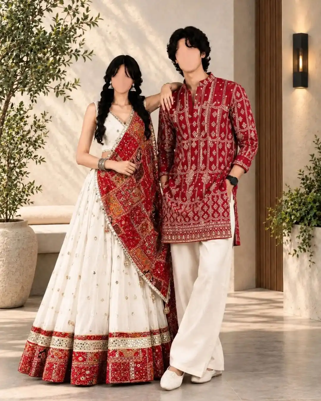 Crimson Red & Ivory White Mirror-Embellished Festive Couple Set
