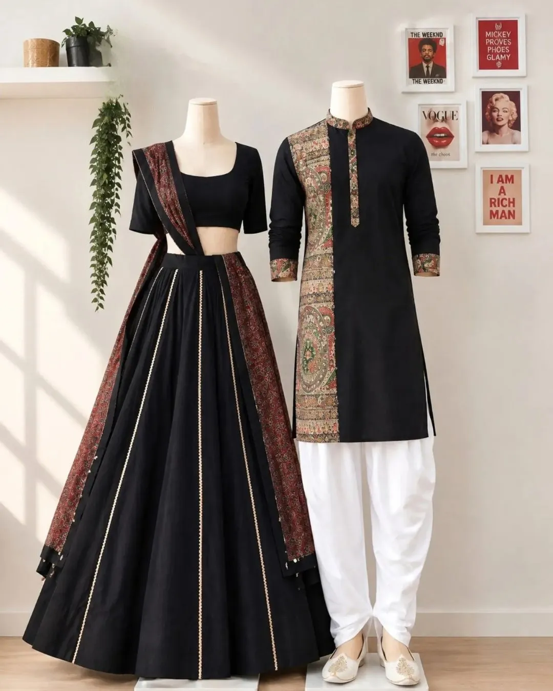 Rainbow Striped Multicolored Patchwork Kurta and Lehanga Couple Set - Image 4