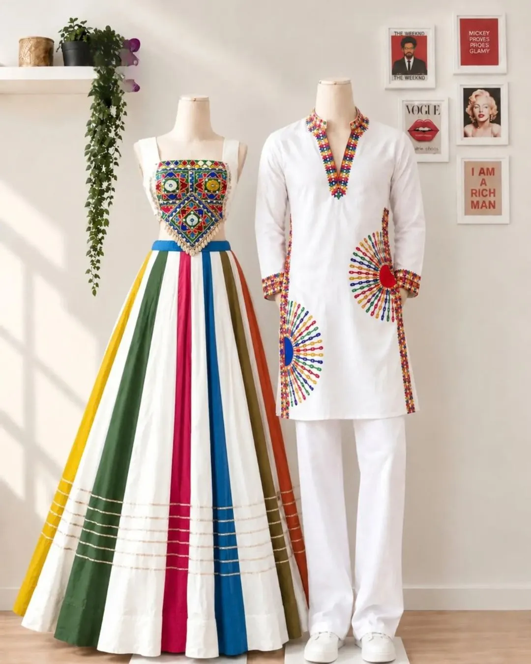 Rainbow Striped Multicolored Patchwork Kurta and Lehanga Couple Set