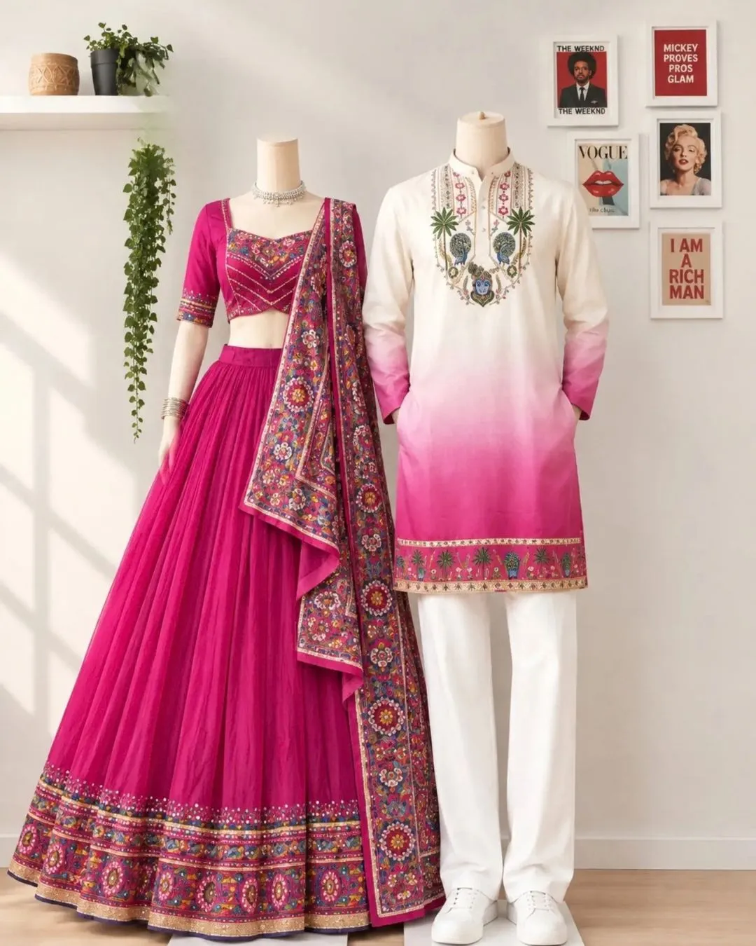 Rainbow Striped Multicolored Patchwork Kurta and Lehanga Couple Set - Image 5
