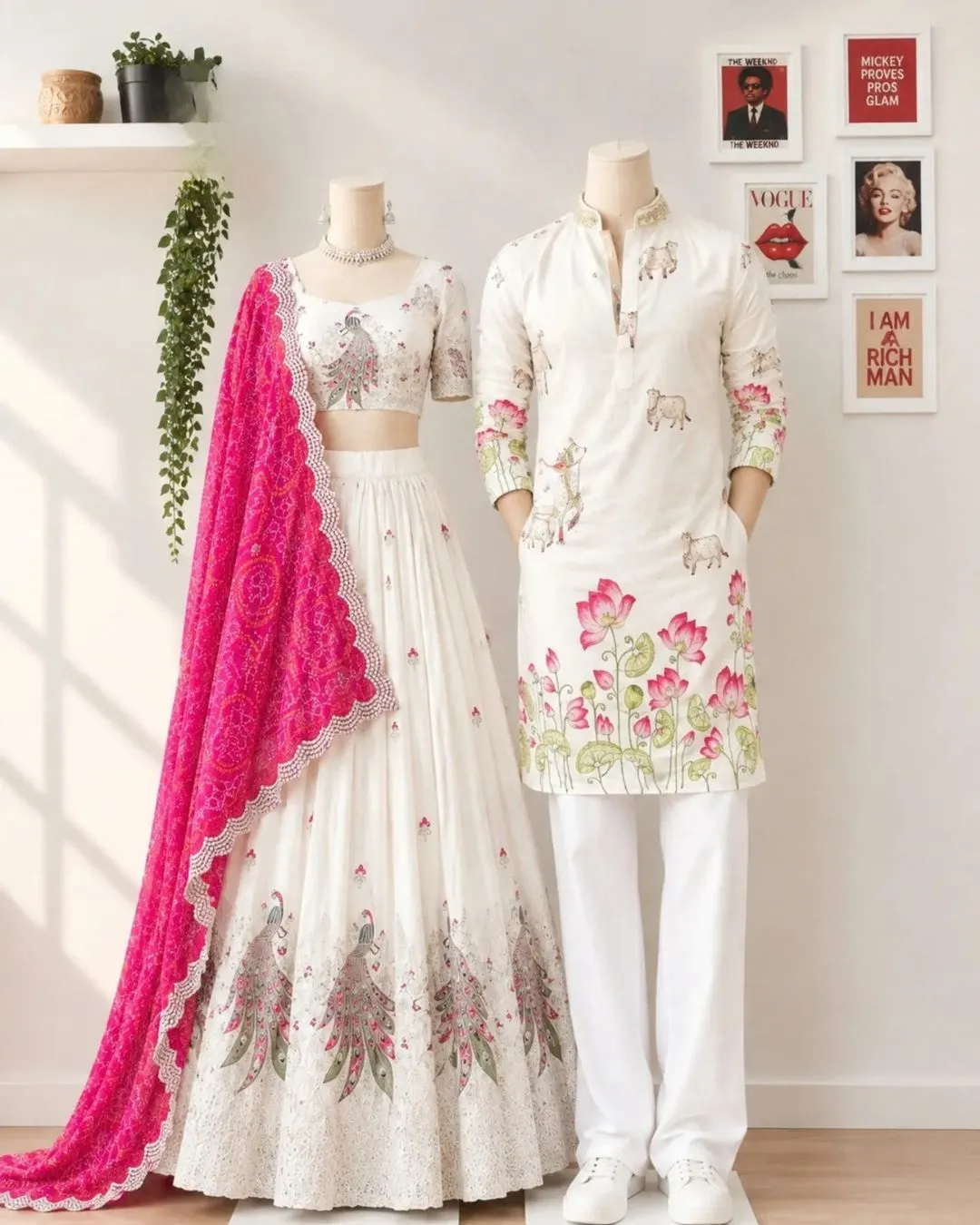 Rainbow Striped Multicolored Patchwork Kurta and Lehanga Couple Set - Image 3