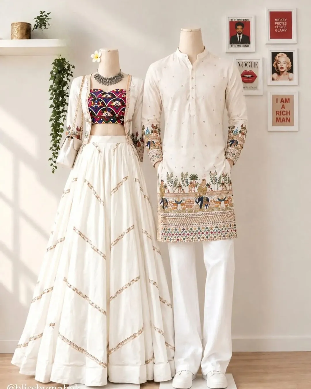 Rainbow Striped Multicolored Patchwork Kurta and Lehanga Couple Set - Image 2