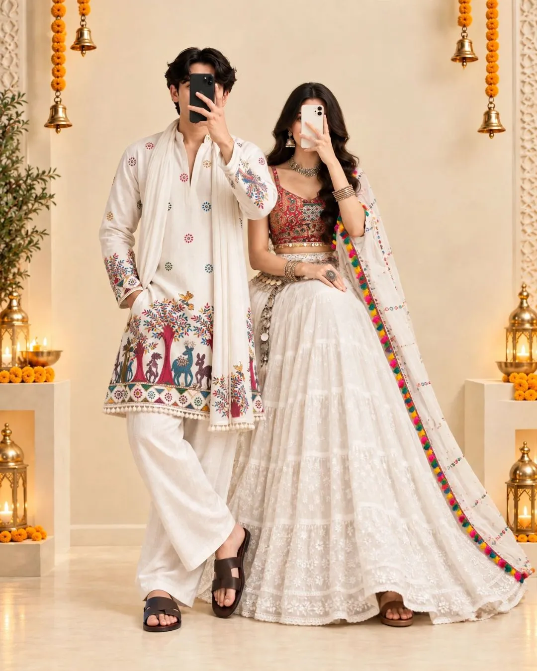 Ivory Folkloric Tree Motif Kurta & Embroidered Lehanga Couple Duo