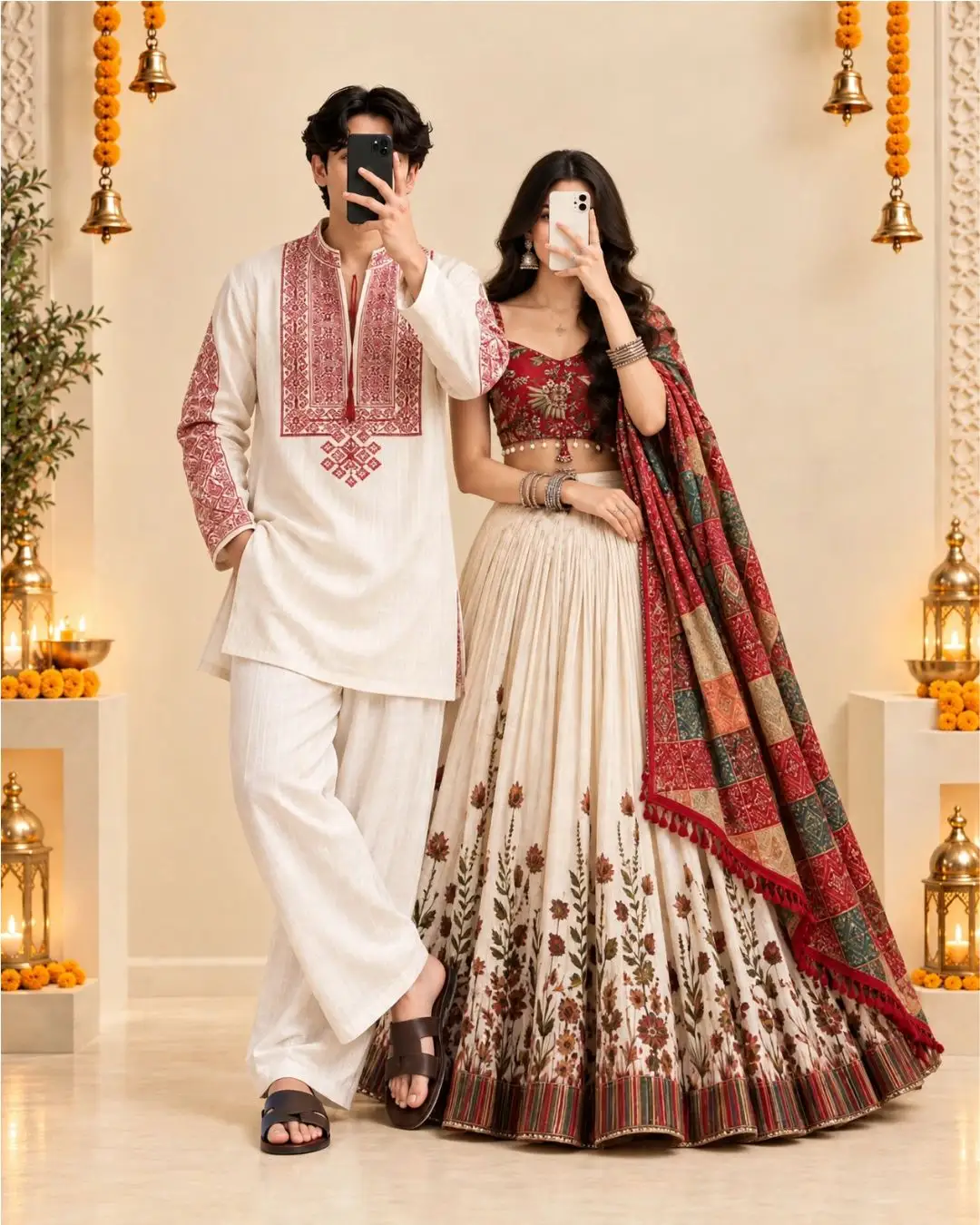 Ivory Folkloric Tree Motif Kurta & Embroidered Lehanga Couple Duo - Image 3