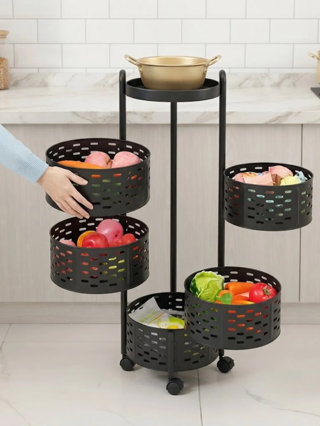 5-Tier Rolling Rotatable Kitchen Storage Rack and Vegetable Organizer - Image 2
