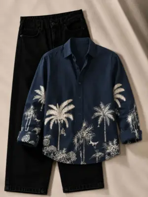Navy Blue Palm Tree Print Shirt and Black Jeans Combo