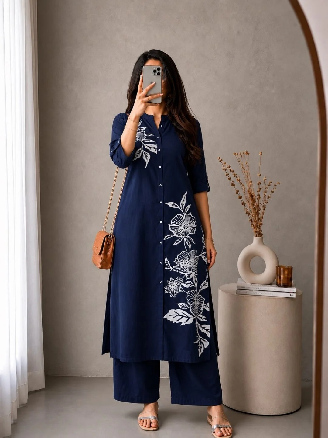 Deep Maroon Clover-Applique Kurta and Palazzo Set - Image 3