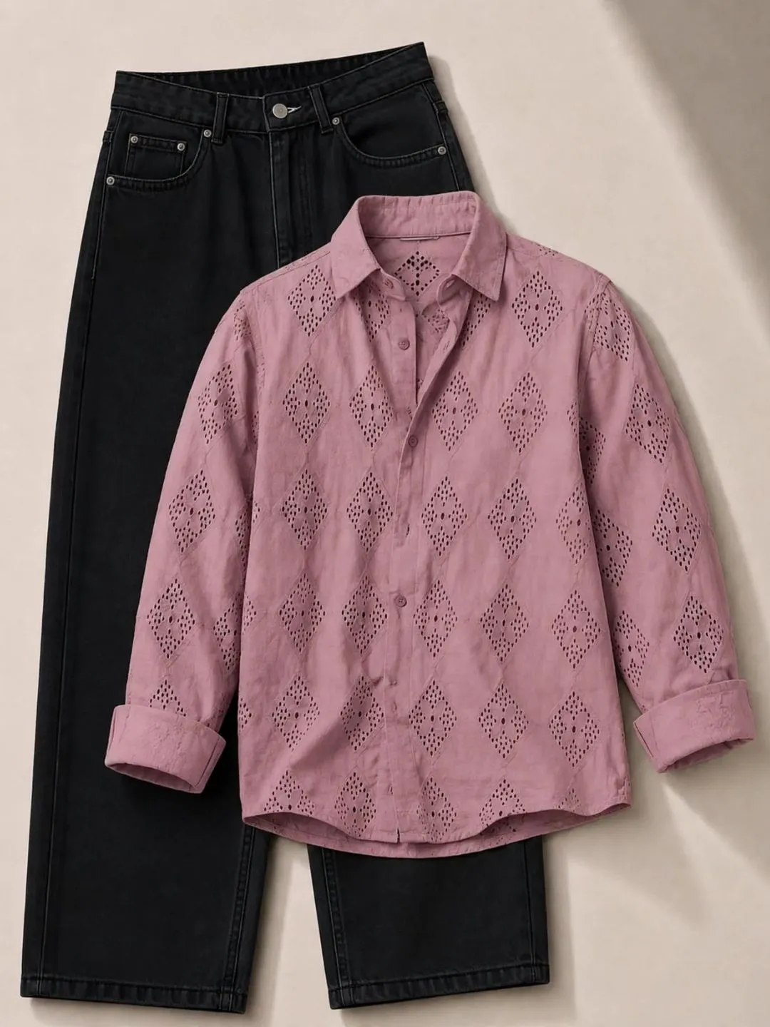 Cream Eyelet Embroidered Shirt and Dark Denim Jeans Set - Image 2