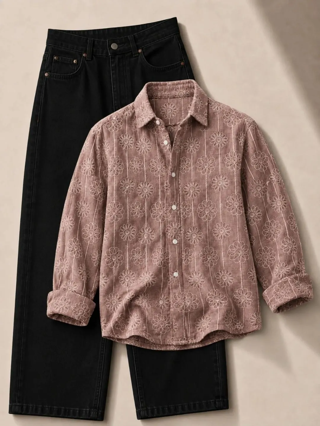 Cream Eyelet Embroidered Shirt and Dark Denim Jeans Set - Image 3