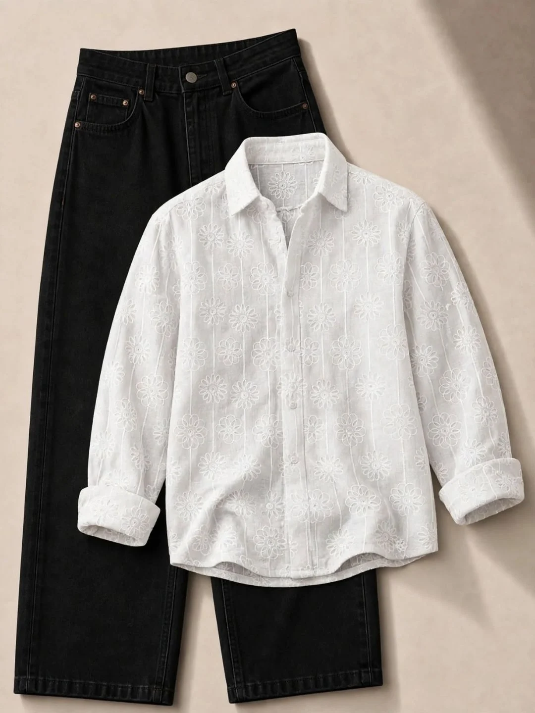 Cream Eyelet Embroidered Shirt and Dark Denim Jeans Set - Image 4
