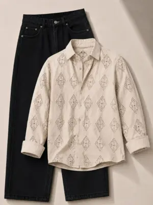 Cream Eyelet Embroidered Shirt and Dark Denim Jeans Set