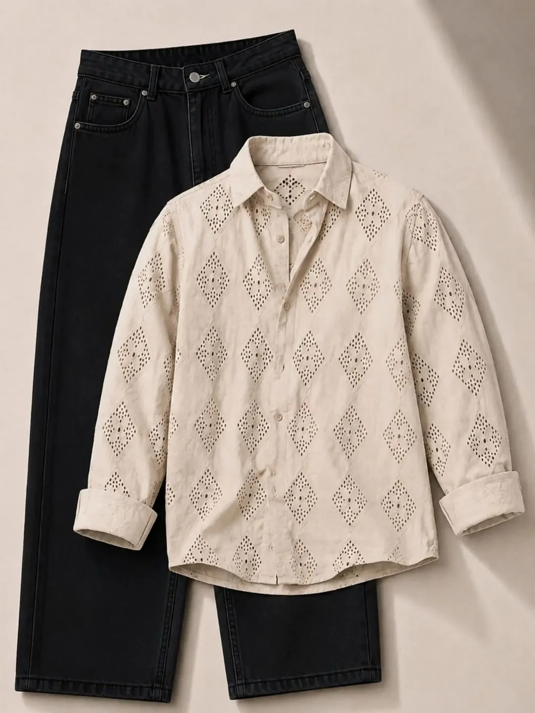 Cream Eyelet Embroidered Shirt and Dark Denim Jeans Set