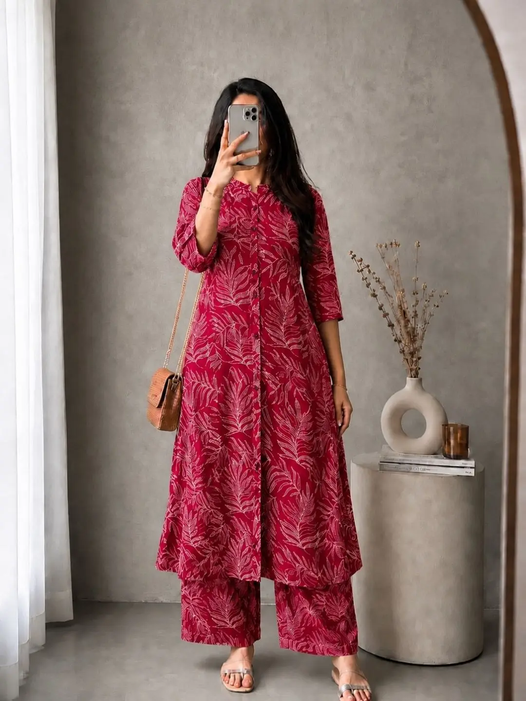 Deep Maroon Clover-Applique Kurta and Palazzo Set - Image 4