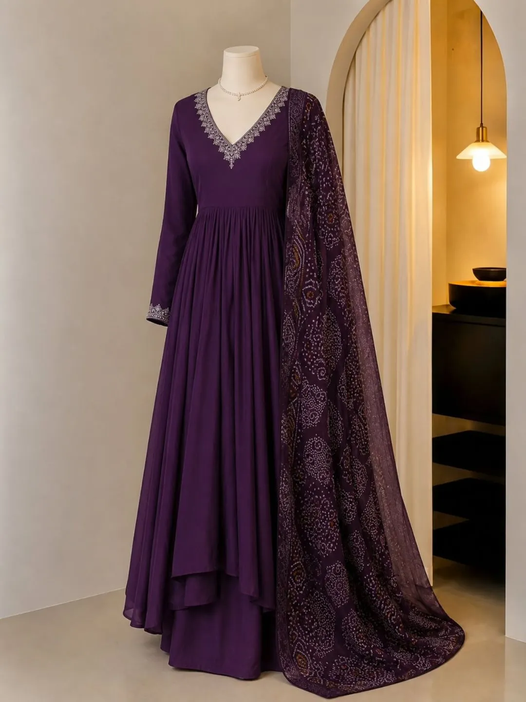 Midnight Blue Beaded Formal Anarkali Gown & Matching Net Dupatta Set - Image 4