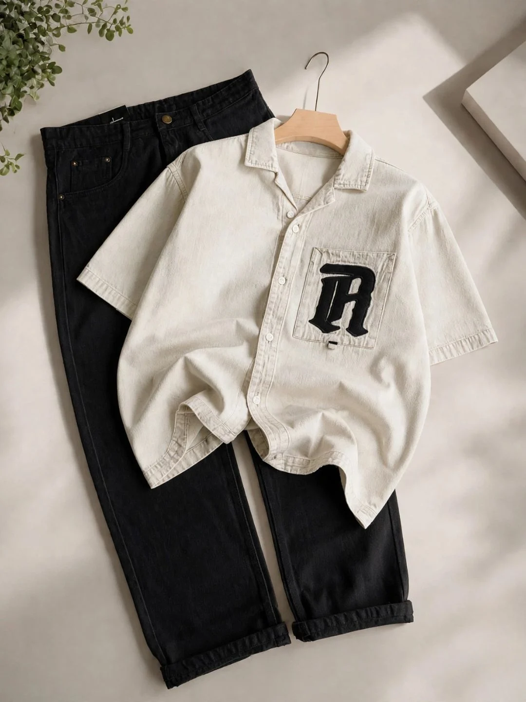Dark Denim Embroidered Pocket Short-Sleeve Shirt & Grey Jeans Set - Image 2