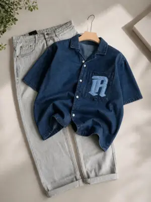 Dark Denim Embroidered Pocket Short-Sleeve Shirt & Grey Jeans Set