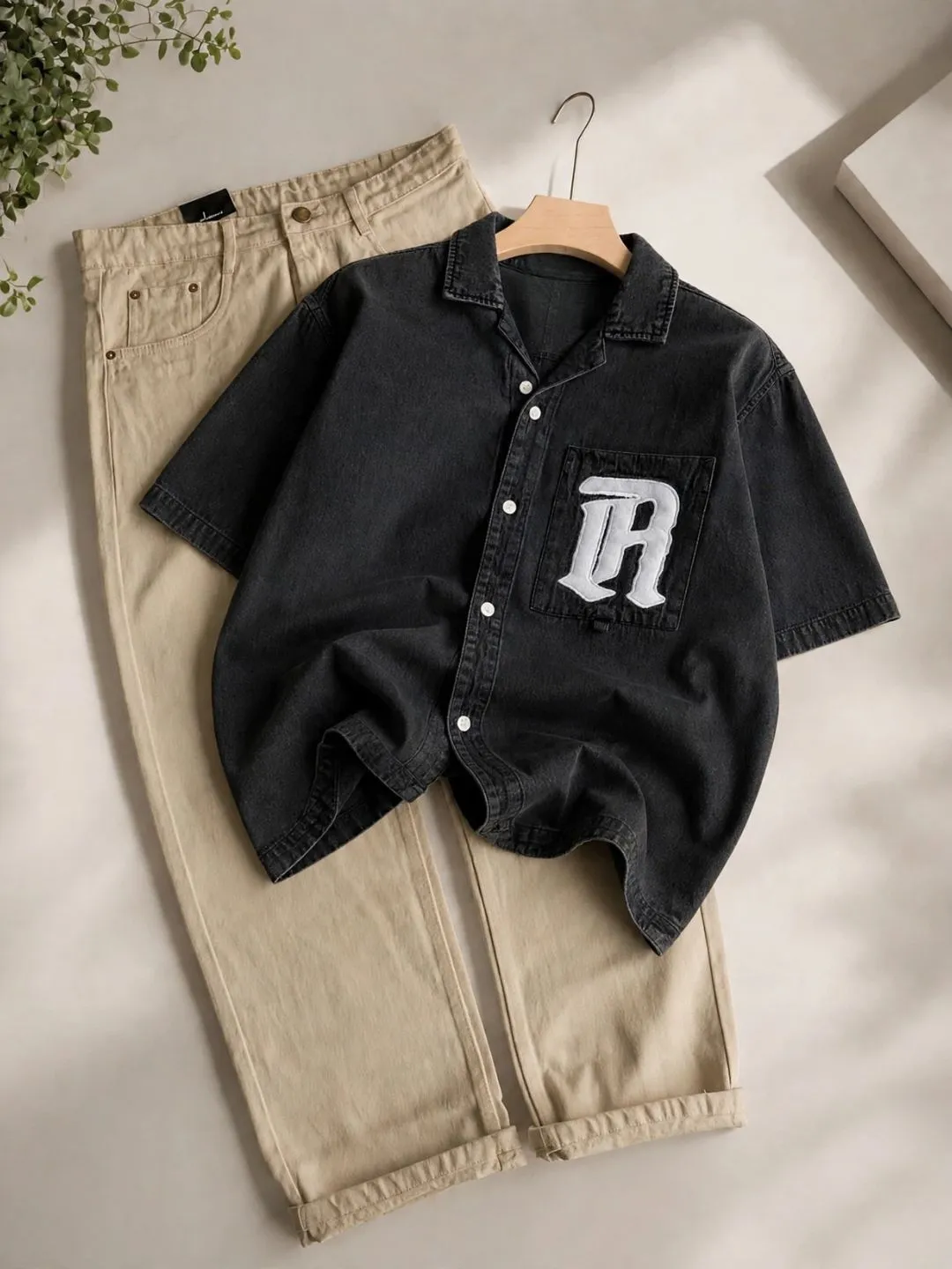 Dark Denim Embroidered Pocket Short-Sleeve Shirt & Grey Jeans Set - Image 3