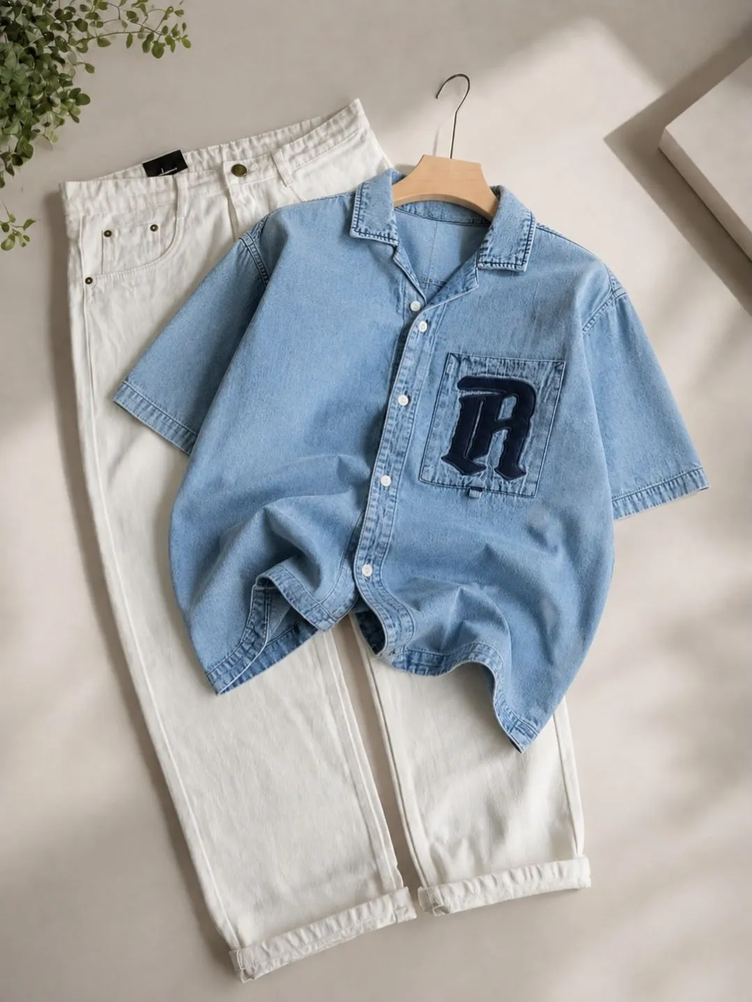 Dark Denim Embroidered Pocket Short-Sleeve Shirt & Grey Jeans Set - Image 4