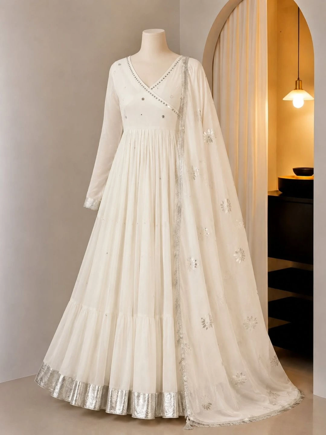 Midnight Blue Beaded Formal Anarkali Gown & Matching Net Dupatta Set - Image 5