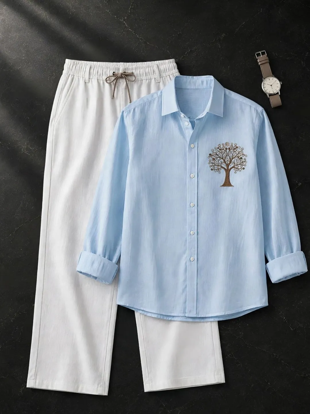 Pure White Tree Embroidered Shirt & Taupe Drawstring Trousers Ensemble - Image 2