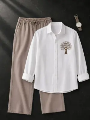 Pure White Tree Embroidered Shirt & Taupe Drawstring Trousers Ensemble