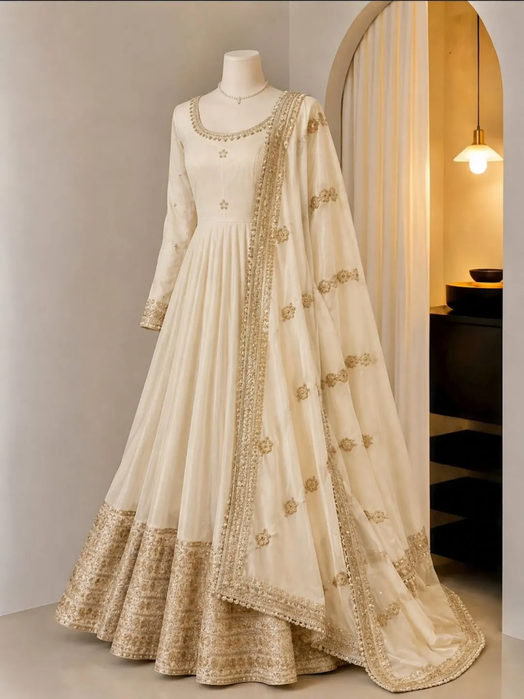 Midnight Blue Beaded Formal Anarkali Gown & Matching Net Dupatta Set - Image 2