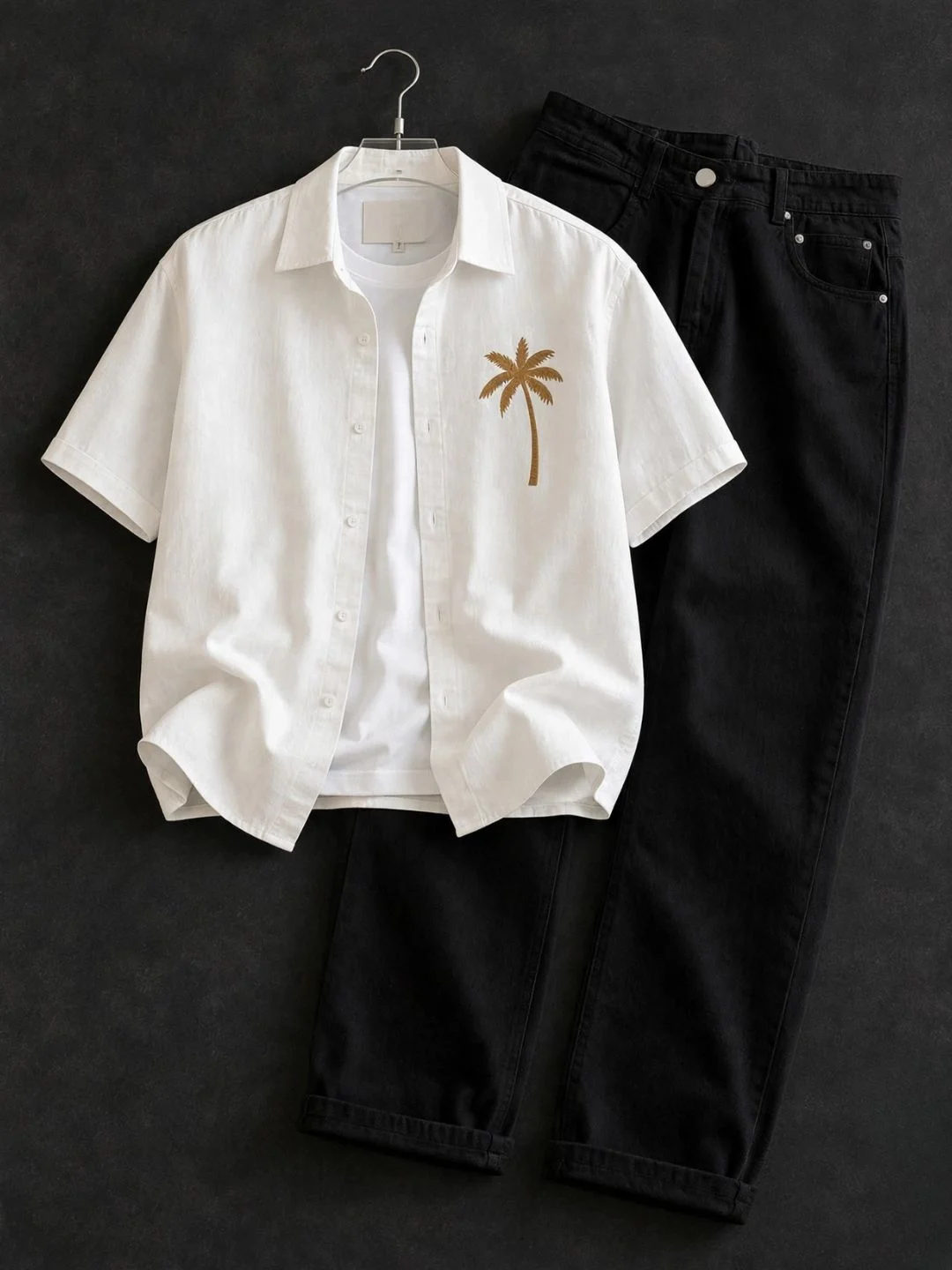 Light Blue Palm Tree Embroidered Short-Sleeve Shirt & Off-White Trousers Outfit - Image 2