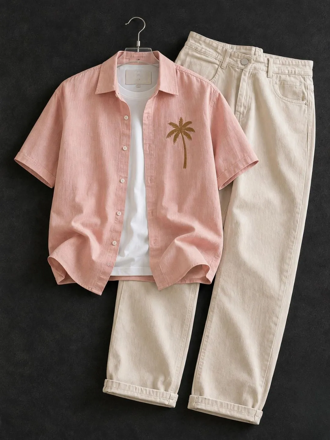 Light Blue Palm Tree Embroidered Short-Sleeve Shirt & Off-White Trousers Outfit - Image 4