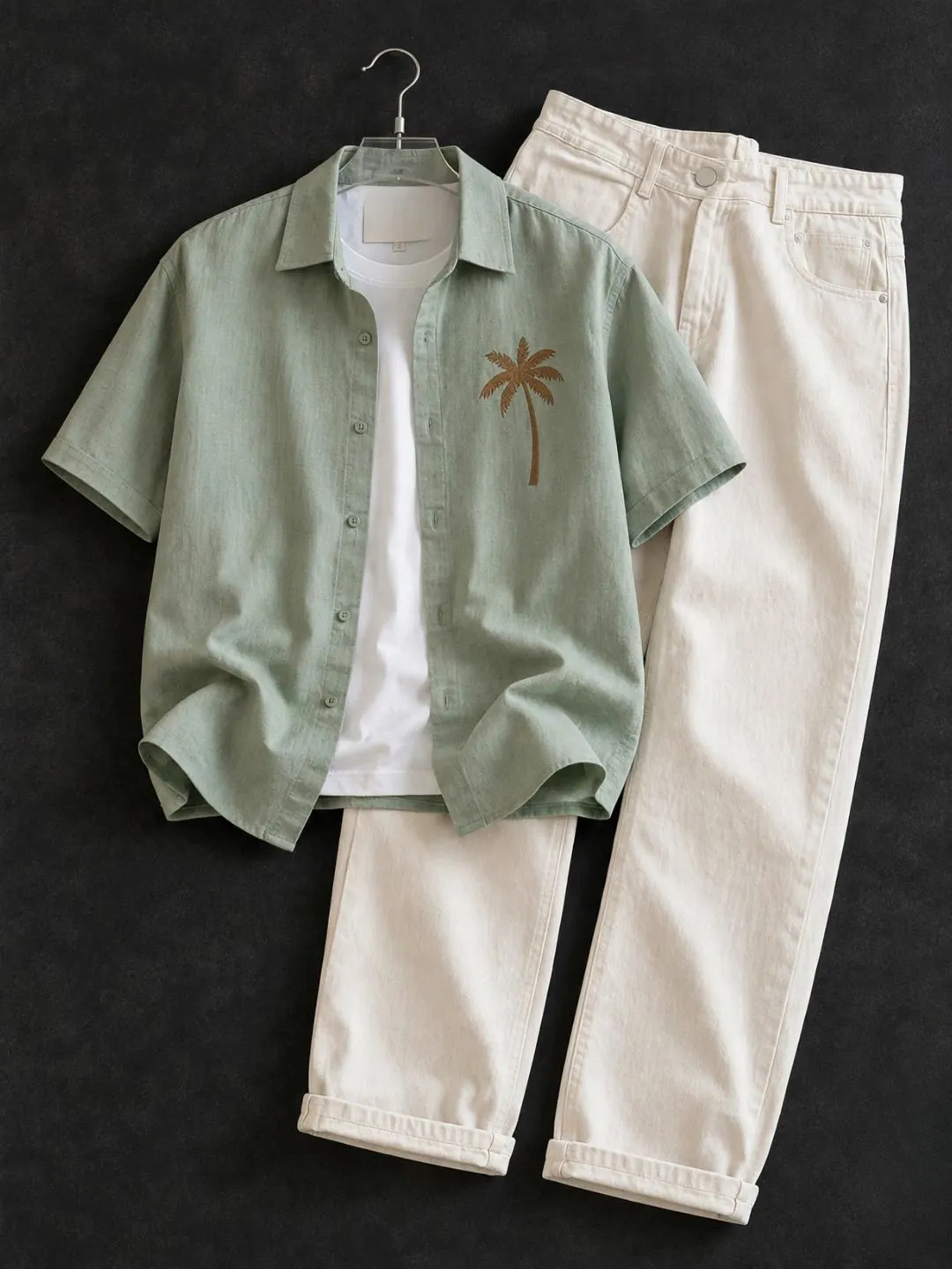 Light Blue Palm Tree Embroidered Short-Sleeve Shirt & Off-White Trousers Outfit - Image 3