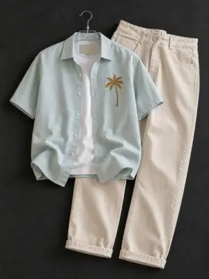 Light Blue Palm Tree Embroidered Short-Sleeve Shirt & Off-White Trousers Outfit