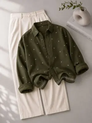 Olive Green Cross-Stitch Embroidered Shirt and Trouser Ensemble
