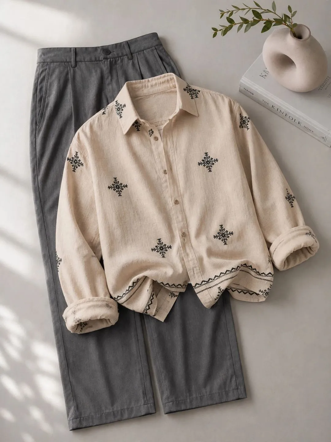 Neutral Beige and Charcoal Tailored Shirt and Trousers Set