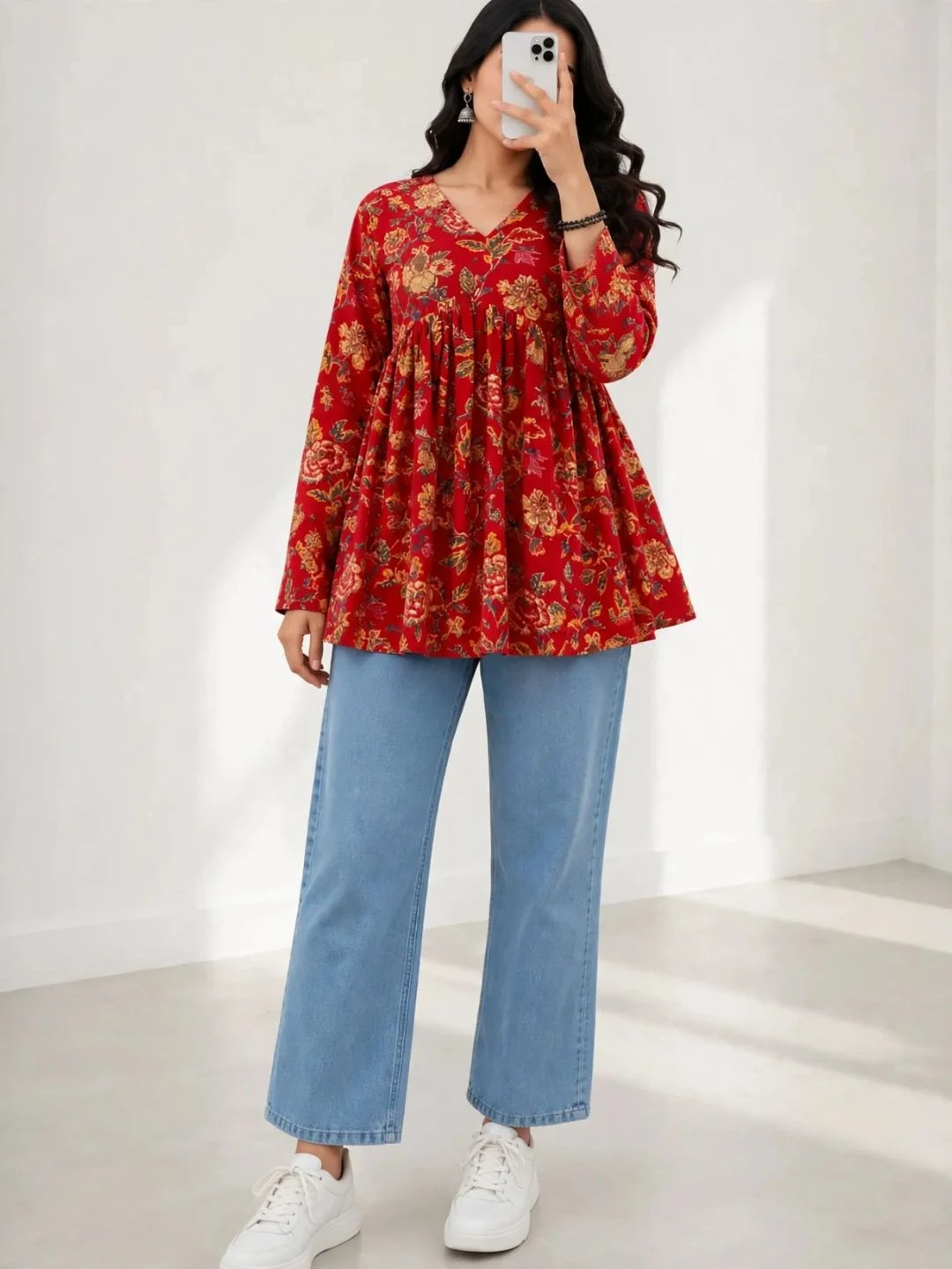 Monochrome Printed Peplum Top with Denims Combo - Image 5