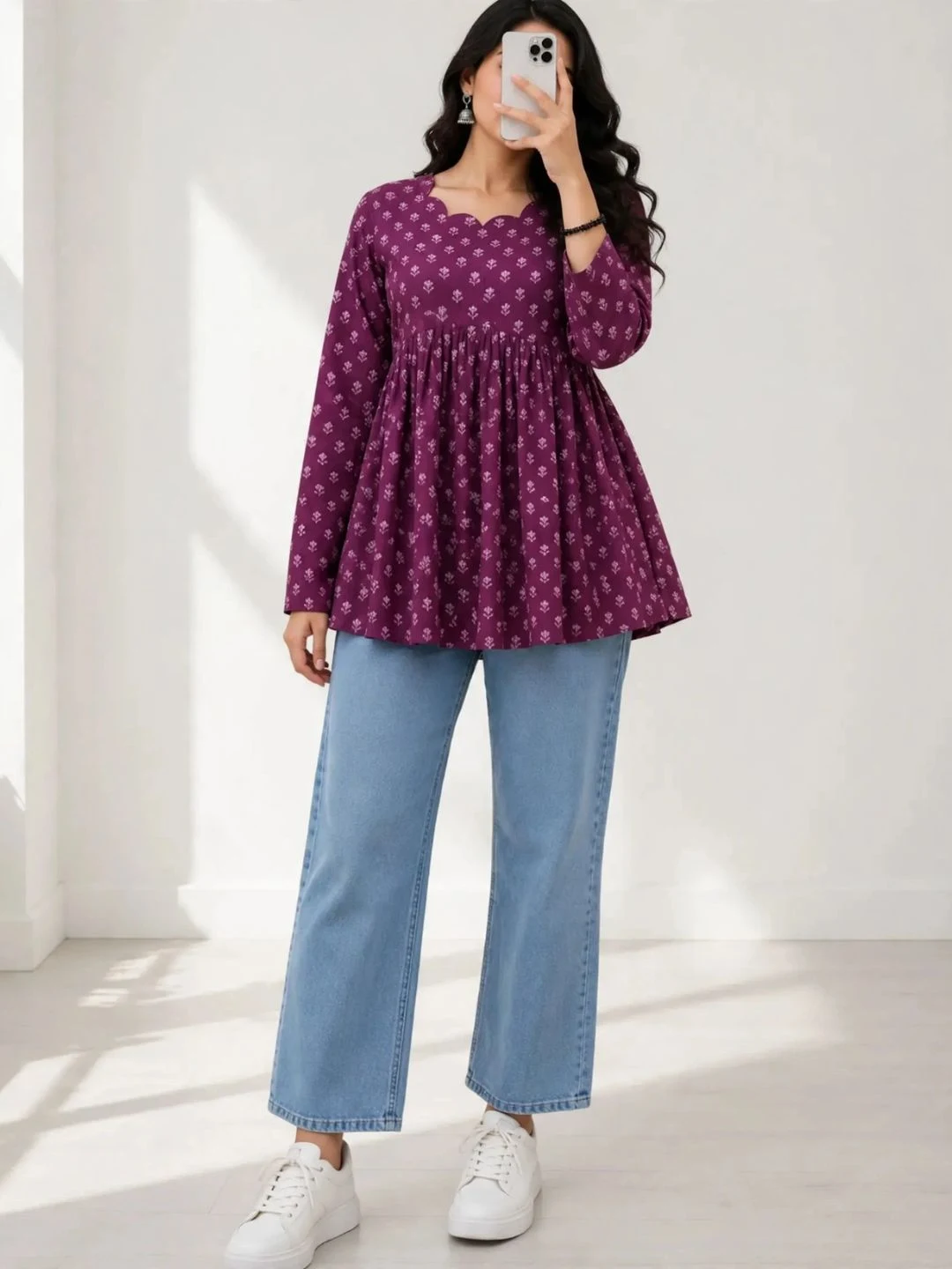 Monochrome Printed Peplum Top with Denims Combo - Image 2