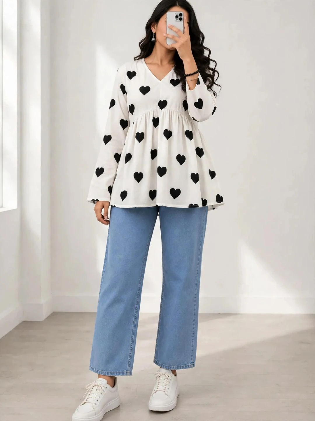 Monochrome Printed Peplum Top with Denims Combo - Image 4