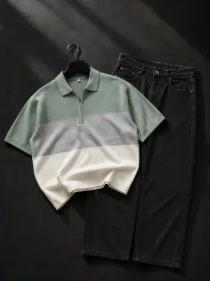 Colorblock Half-Zip Polo and Dark Denim Outfit Combo