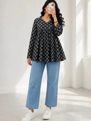 Monochrome Printed Peplum Top with Denims Combo