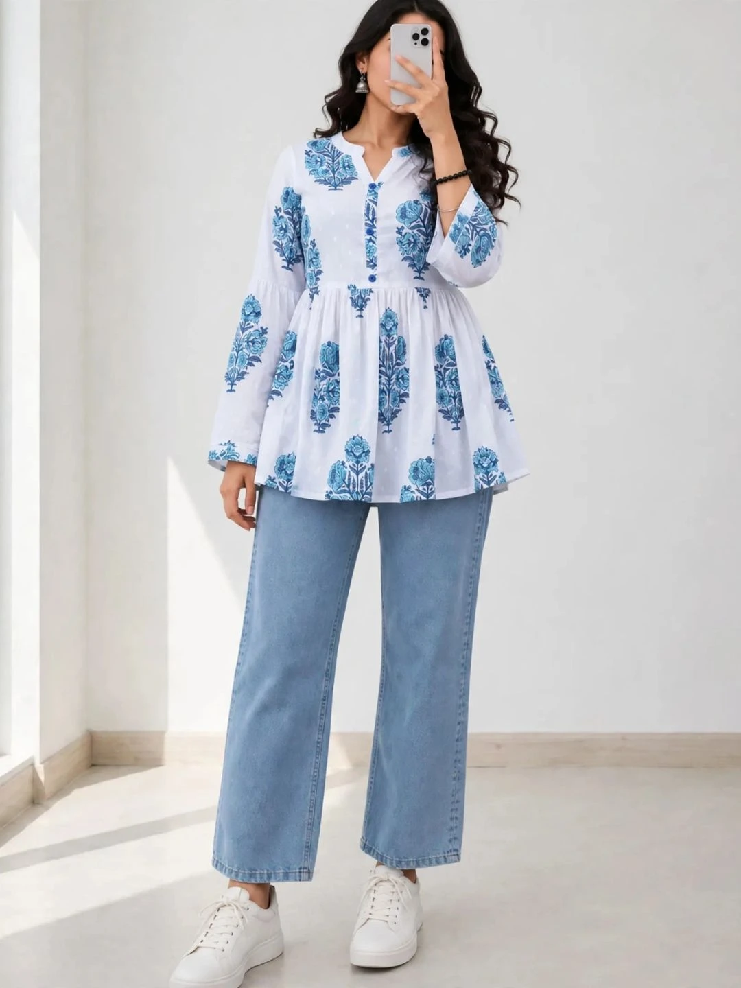 Monochrome Printed Peplum Top with Denims Combo - Image 3