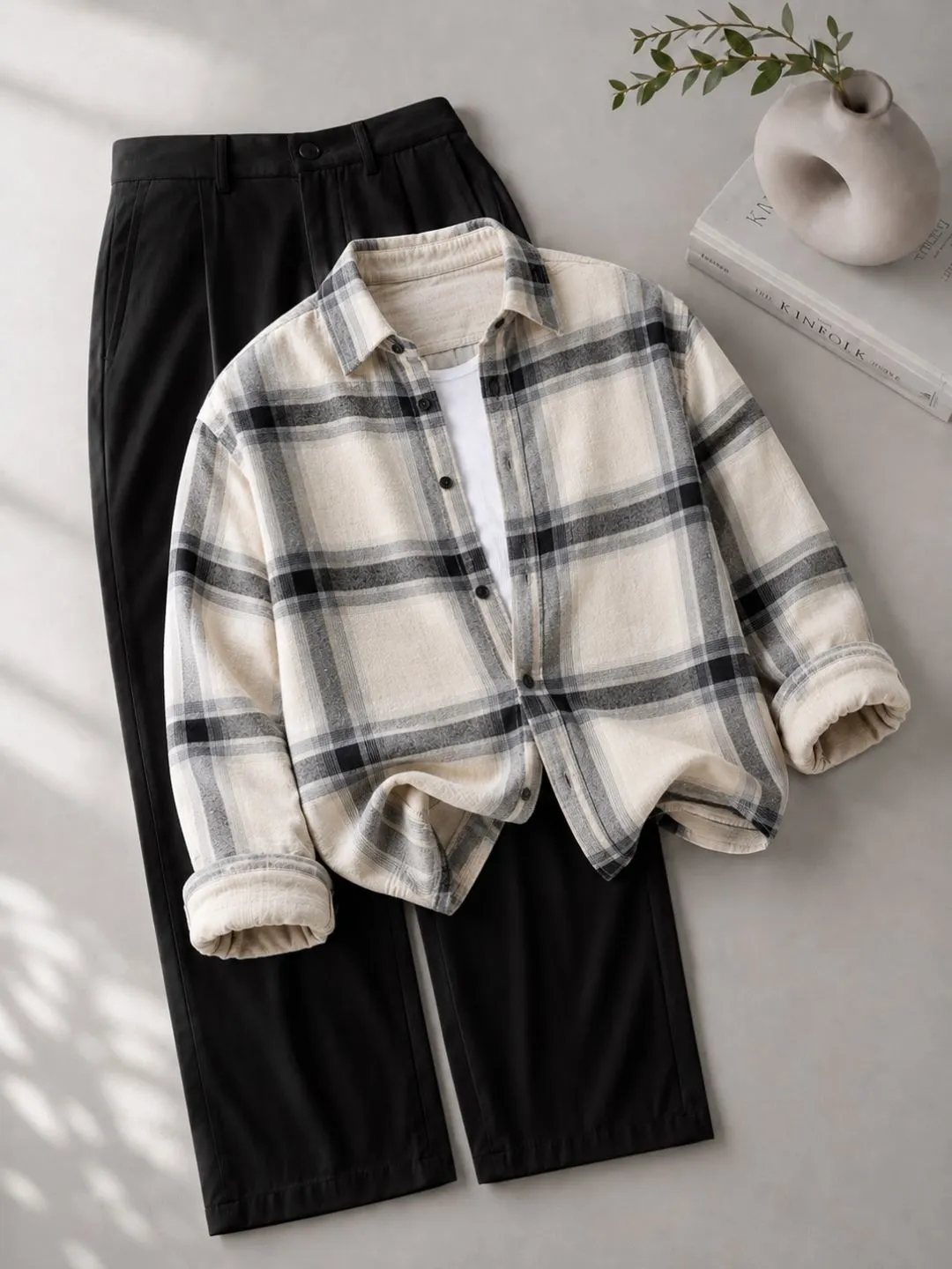 Pink Plaid Flannel Shirt and White Trouser Outfit Set - Image 4